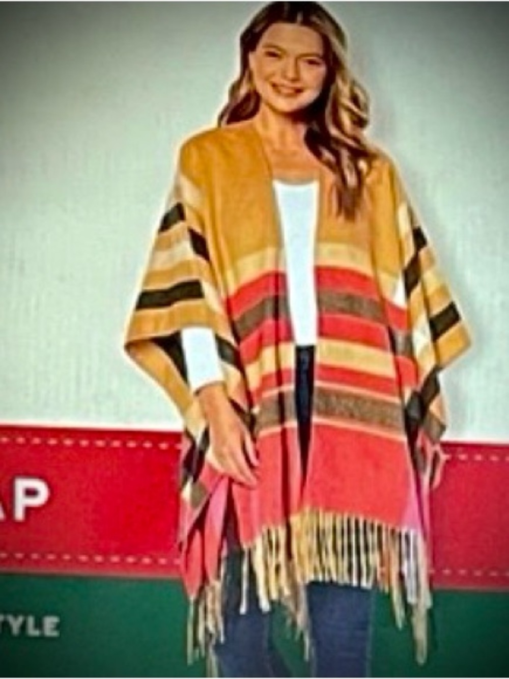 Woolrich earth tones of tan peach and burgundy blanket poncho wrap One Size